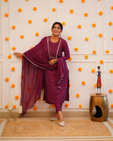 PRAGATI MAROON  COLOURED  WOMEN'S RAYON SLUB  EMBROIDERED  KURTA WITH PANT DUPATTA SET